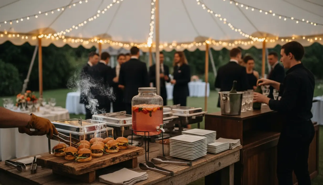 Selvbetjeningsbuffet i baghaven under telt med servering af varme sliders og velkomstdrinks.