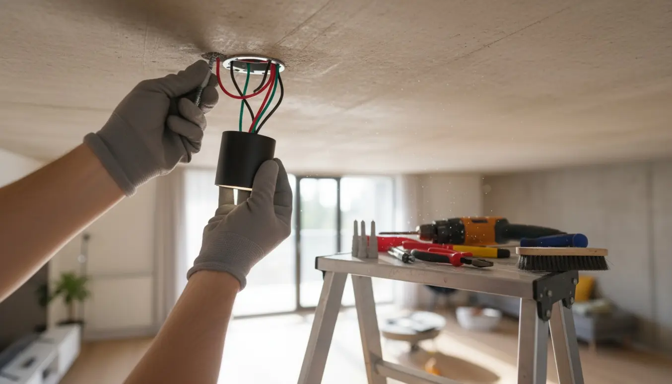 Loftlampe monteres i et råt betonloft, med handsker på hænderne og værktøj i forgrunden.