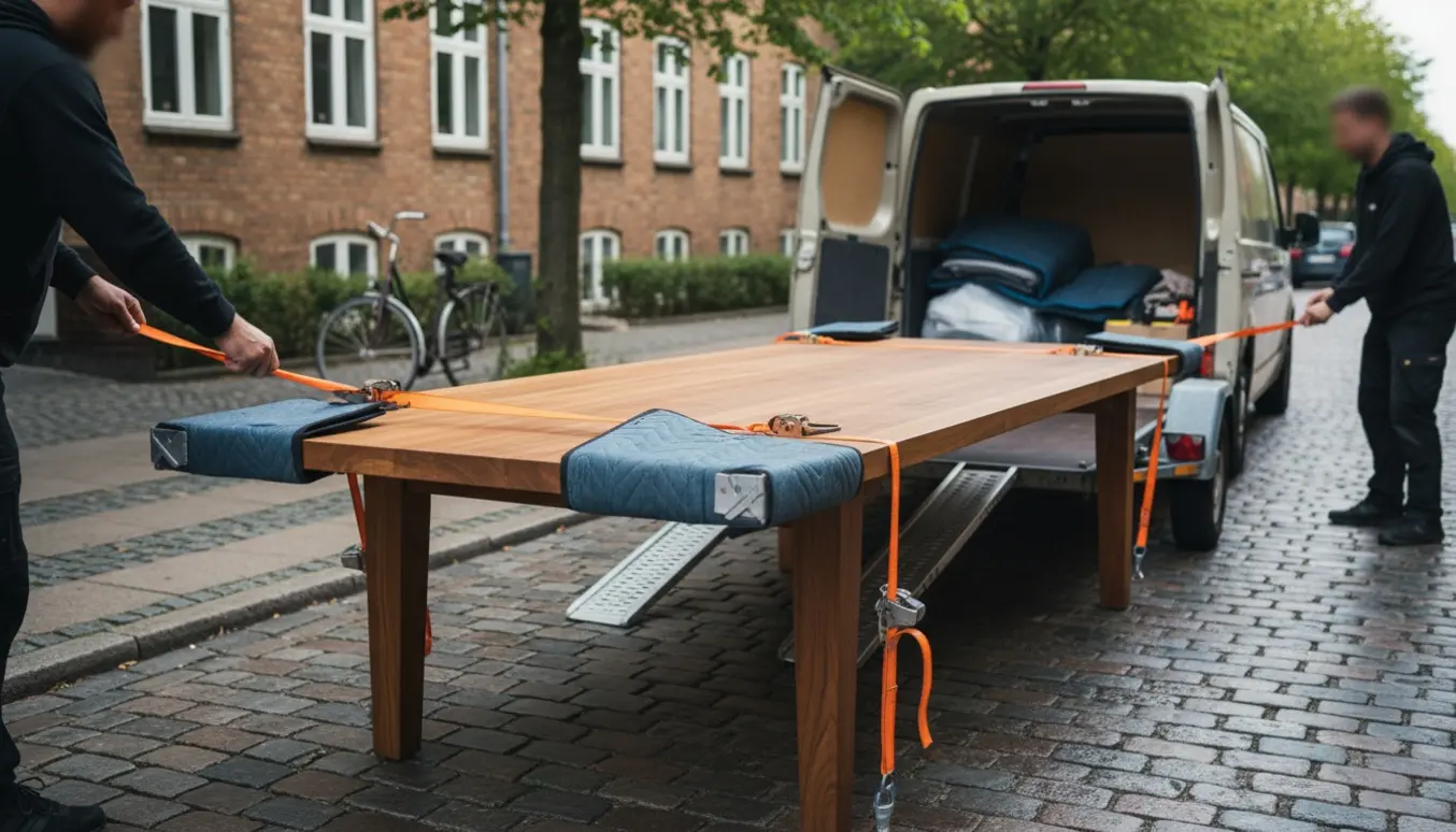 Et 3 meter langt lavt træbord bliver læsset og spændt fast på en trailer på en stille københavnsk gade, ansigter er ikke synlige.