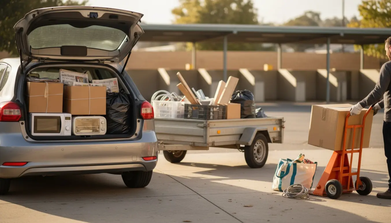 Bagagerum og trailer fyldt med sorteret affald klar til aflevering på genbrugspladsen.