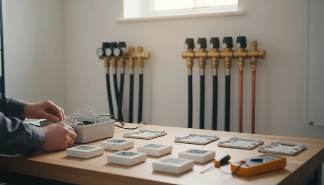 Hænder monterer og tilslutter to gulvvarmefordelere og termostater i et ryddeligt teknikrum.