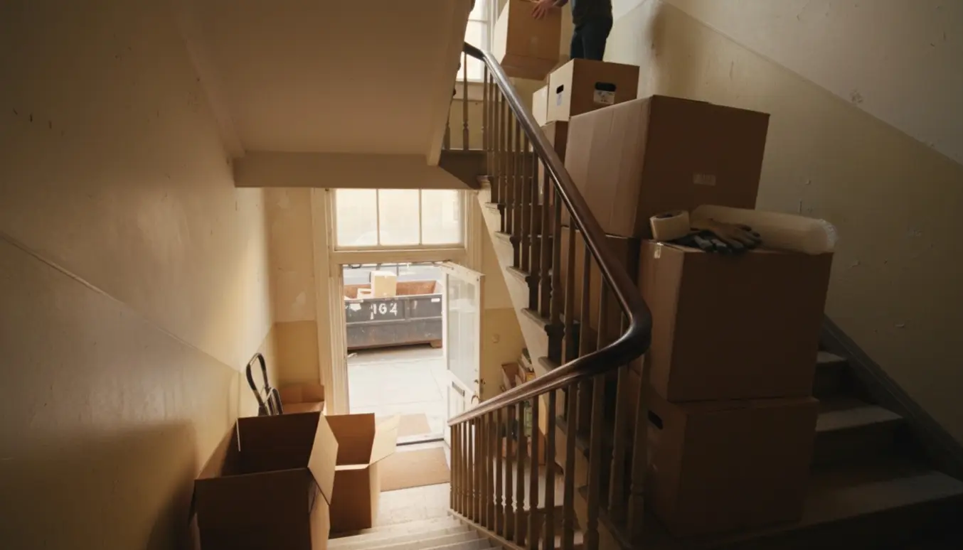 Flyttekasser bæres ned ad hovedtrappen fra 6. sal, med en container udenfor opgangen.
