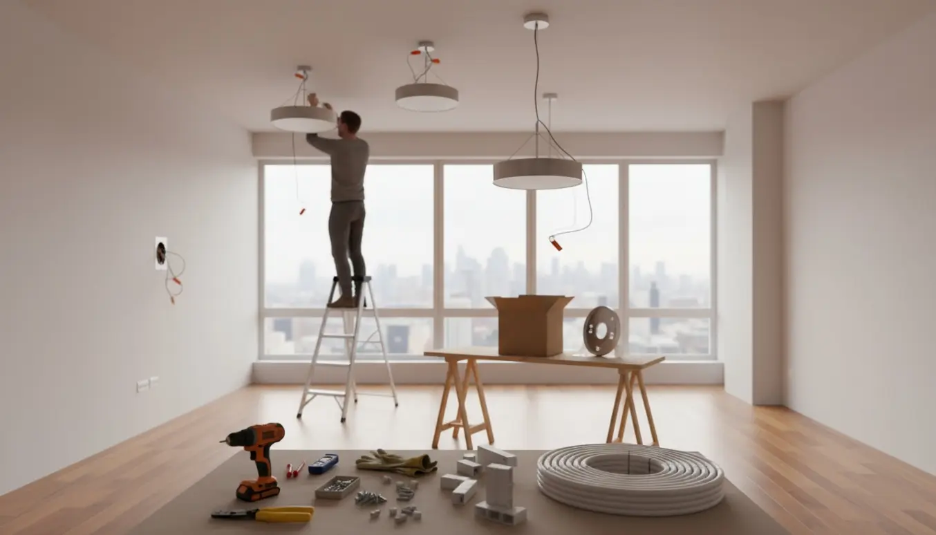 Elektriker fra ryggen monterer loft- og væglamper i en umøbleret lejlighed med værktøj og kabelskjuler ved siden af.