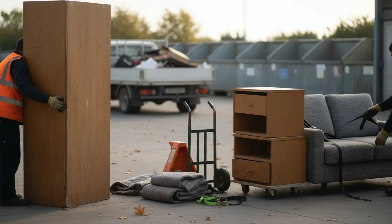 Flytteudstyr og brugte møbler som klædeskab, små skabe og en sovesofa læsset ved en genbrugsplads.