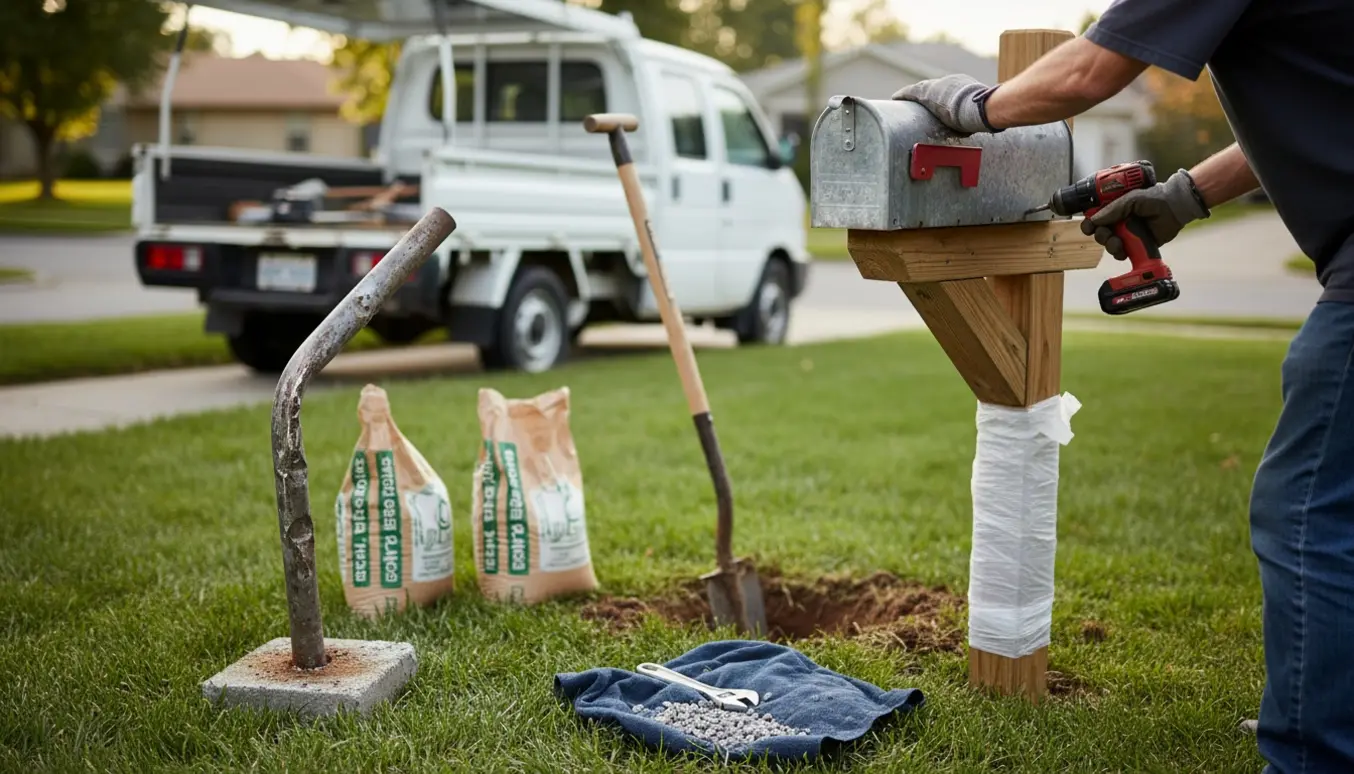 Hænder monterer en postkasse på en ny stander ved køregaden, mens den beskadigede stander ligger til side.