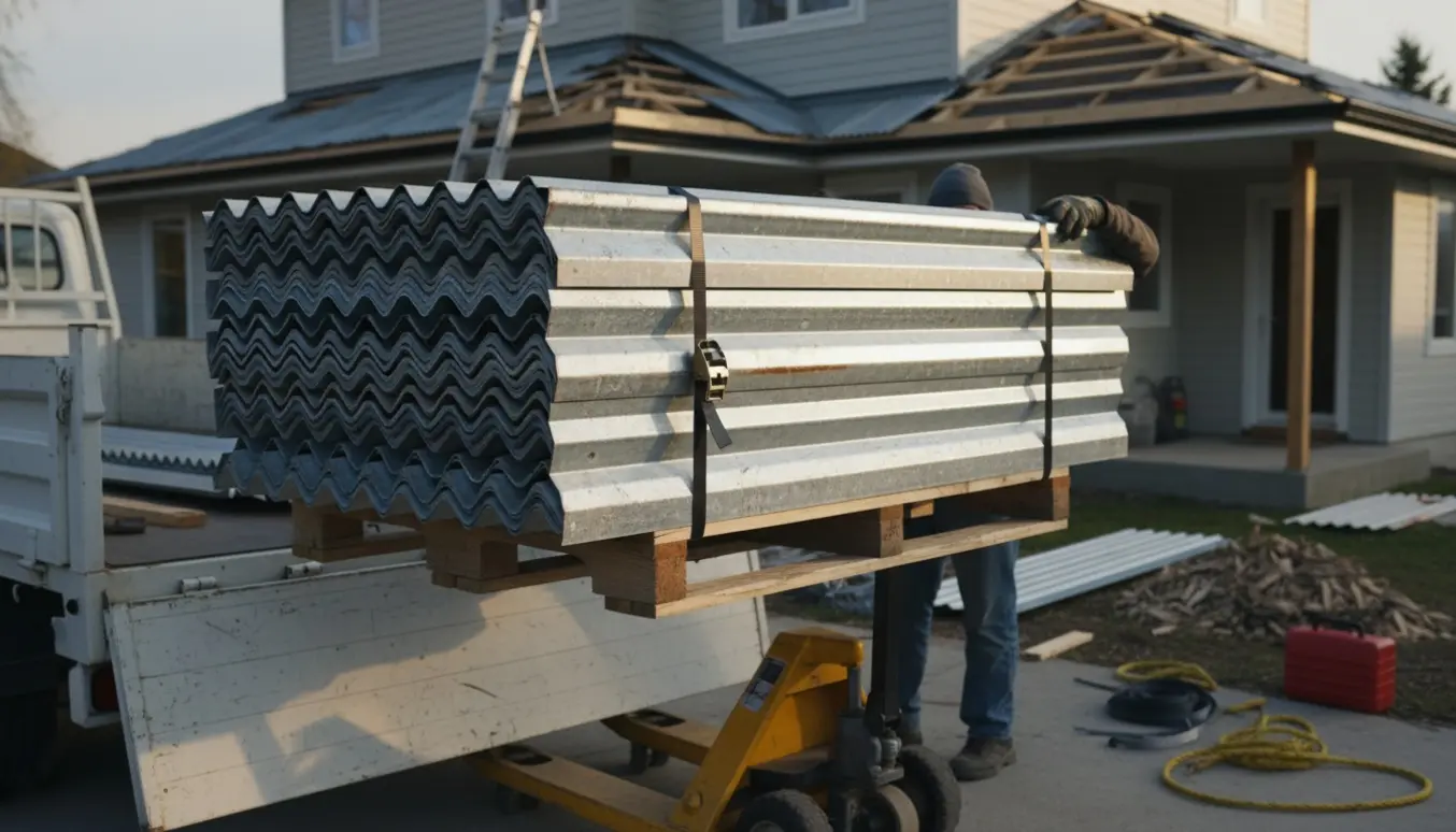 36 tagplader stablet og fastgjort på en palle ved en varebil klar til bortkørsel.