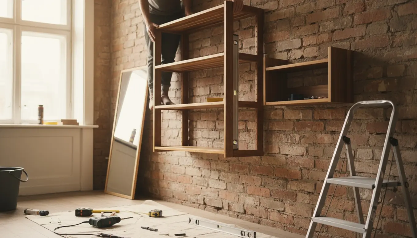 Hænder monterer reol og spejl på en rå murstensvæg i en lys, ældre lejlighed med værktøj ved siden af.