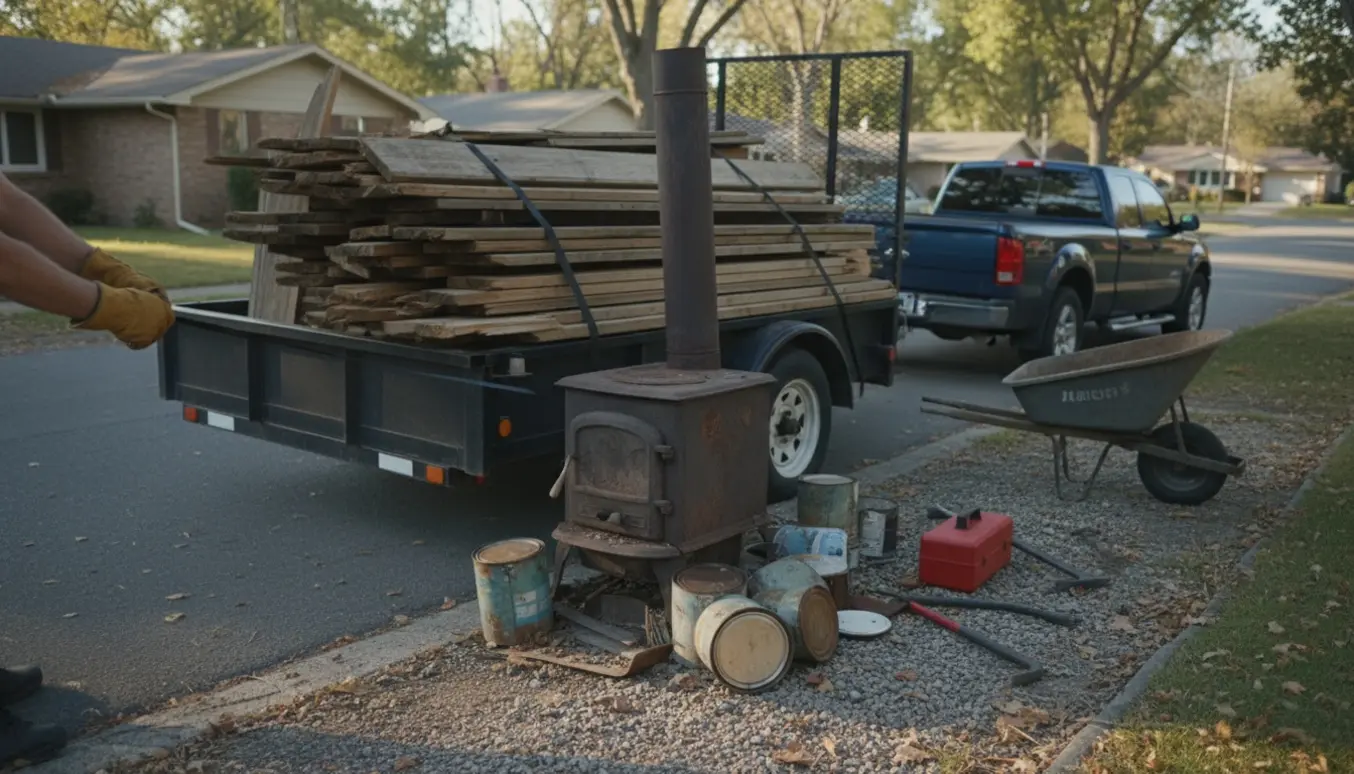 Afmonteret terrassetræ, en støbejernsbrændeovn og malerdåser samlet på en trailer med gittersider klar til bortkørsel.