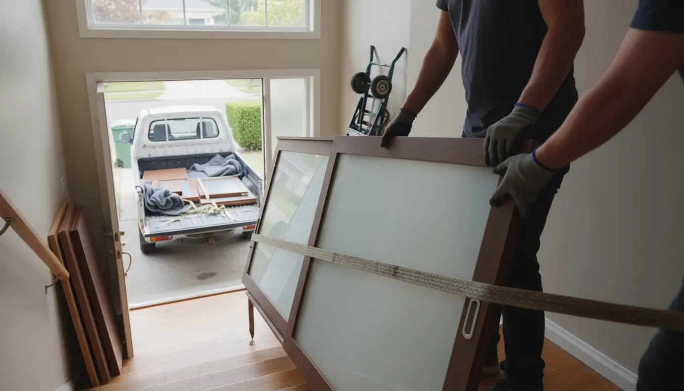 Et adskilt klædeskab bæres ned ad trappe mod en varebil, med tunge skydedøre i træ og glas i forgrunden.