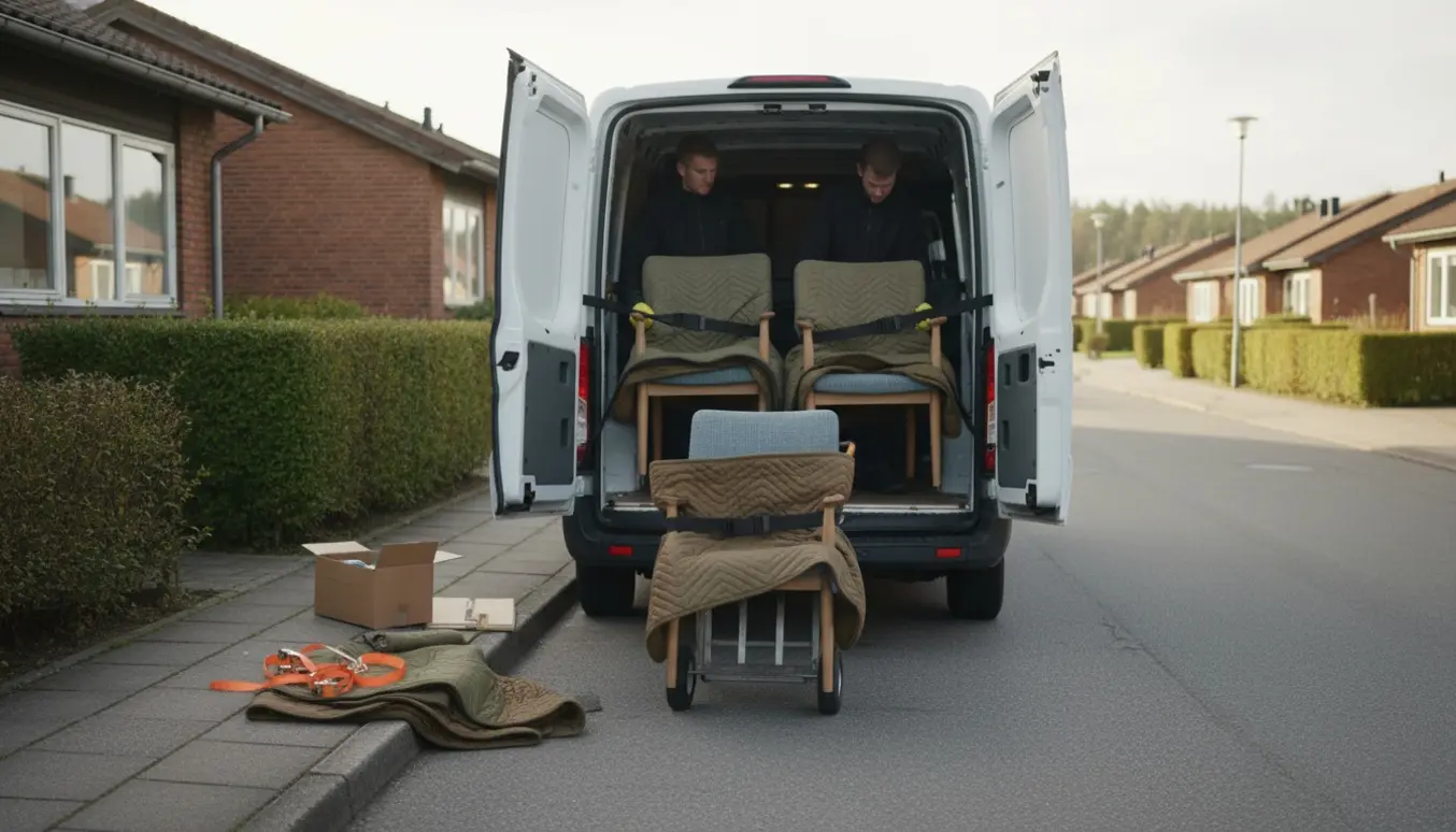 To stole pakket ind i flyttetæpper bliver lastet i en hvid varevogn ved fortovet.