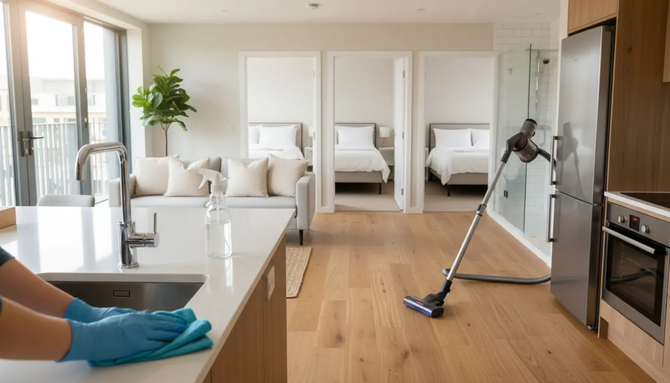 Slutrengøring i en lys, nyistandsat lejlighed med hænder, der pudser et køkkenarmatur og støvsugermærker på trægulvet.