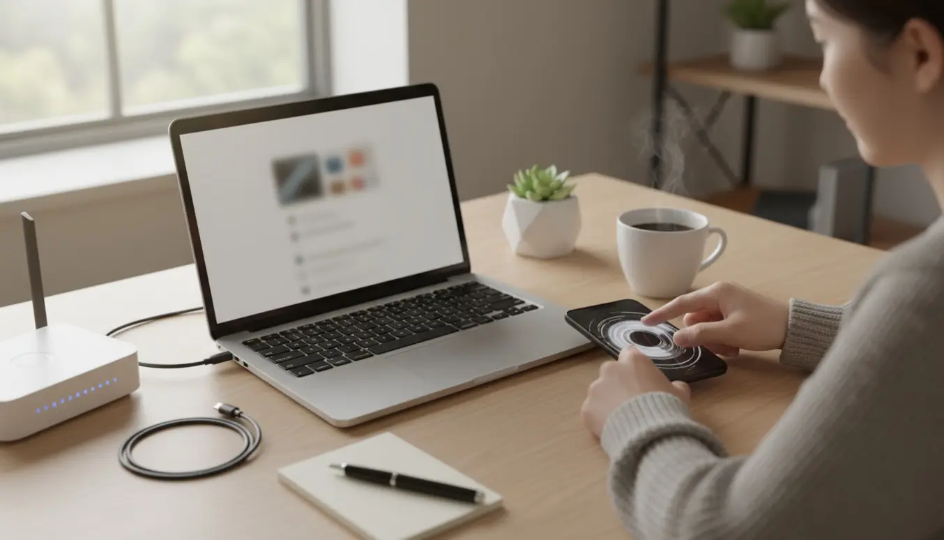 Hænder ved en MacBook og smartphone på et lyst skrivebord, mens der arbejdes med mailproblemer.