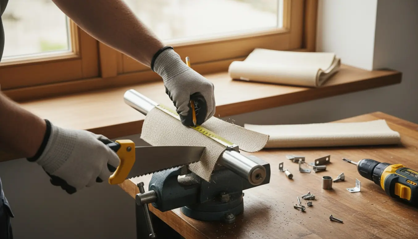 Håndværker måler og skærer et rullegardin til montering over et vindue.