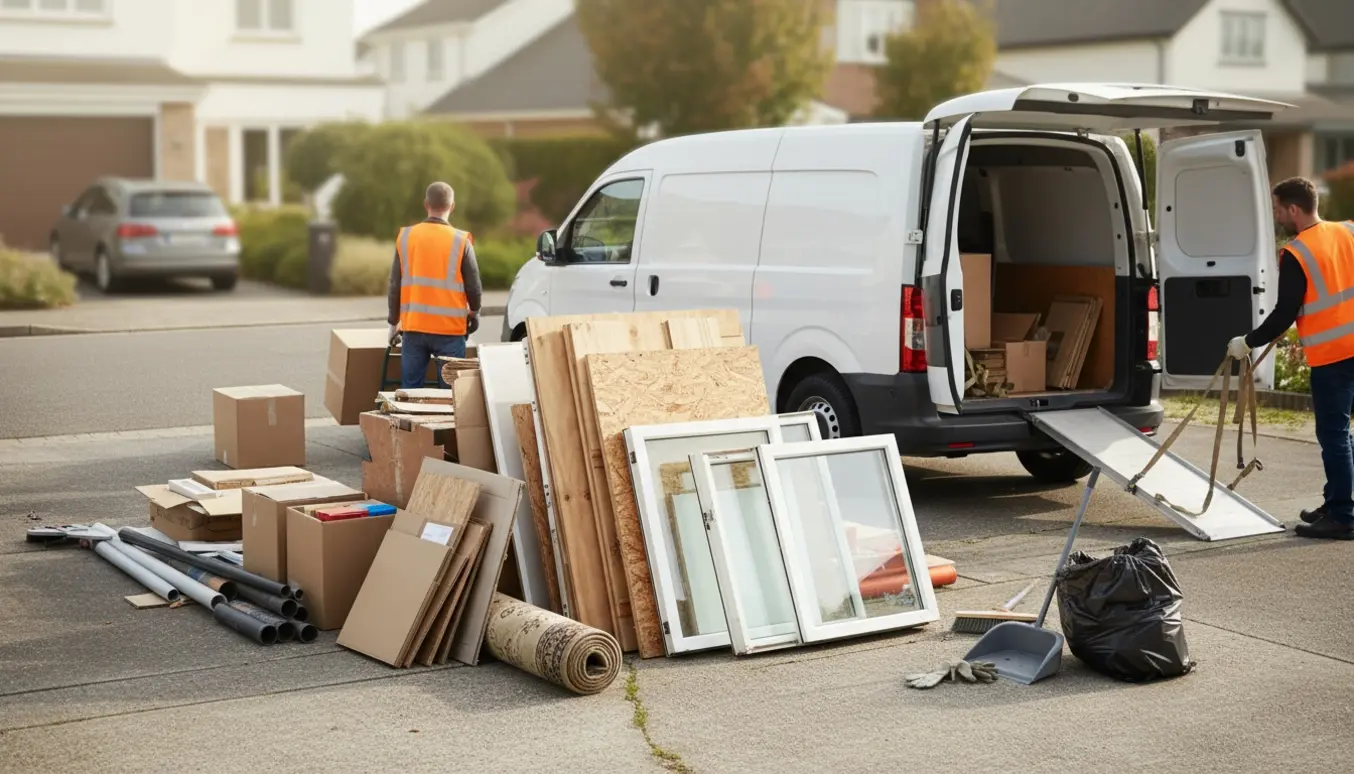Storskrald ved kantsten med åben varevogn og personer der sorterer uden synlige ansigter.