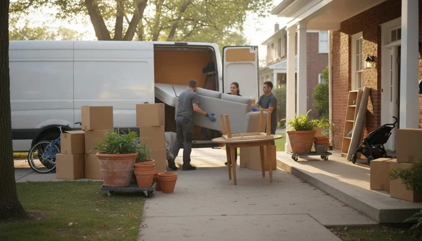 Flyttefolk læsser sofa, 140 cm seng, spisebord, kasser, havekrukker, cykel og barnevogn ved en stueetage.