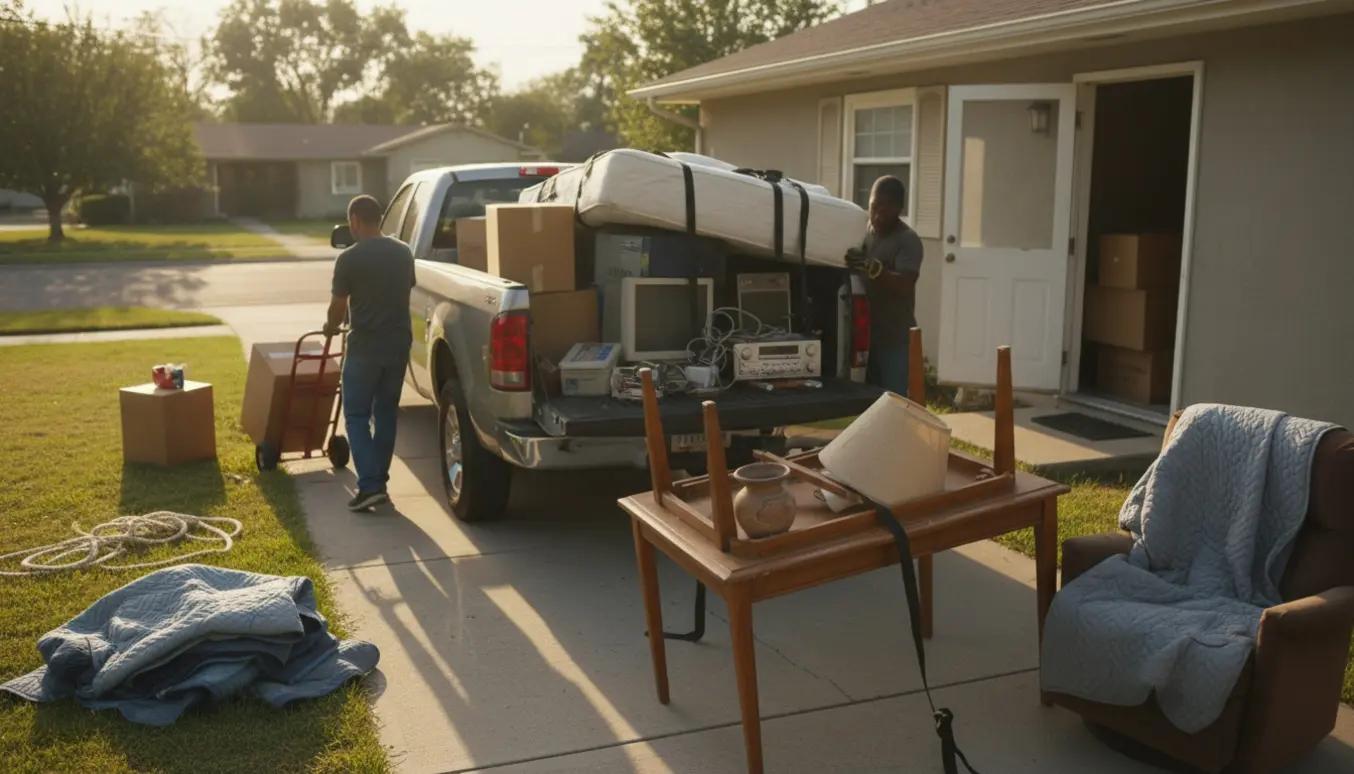 Flytning og afhentning af storskrald med lastet pickup og flytteudstyr i indkørslen.