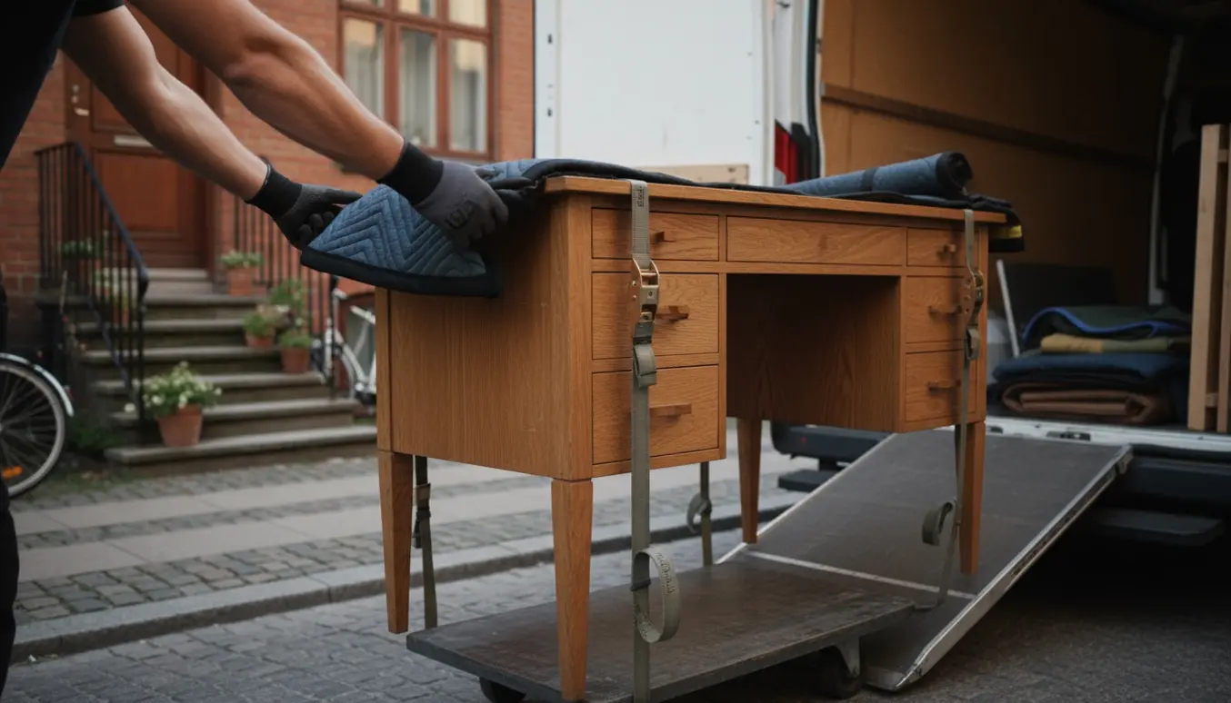 Et langt træbord læsses ind i en flyttevogn på en rolig Nørrebro-gade med flyttetæpper og håndtruck.