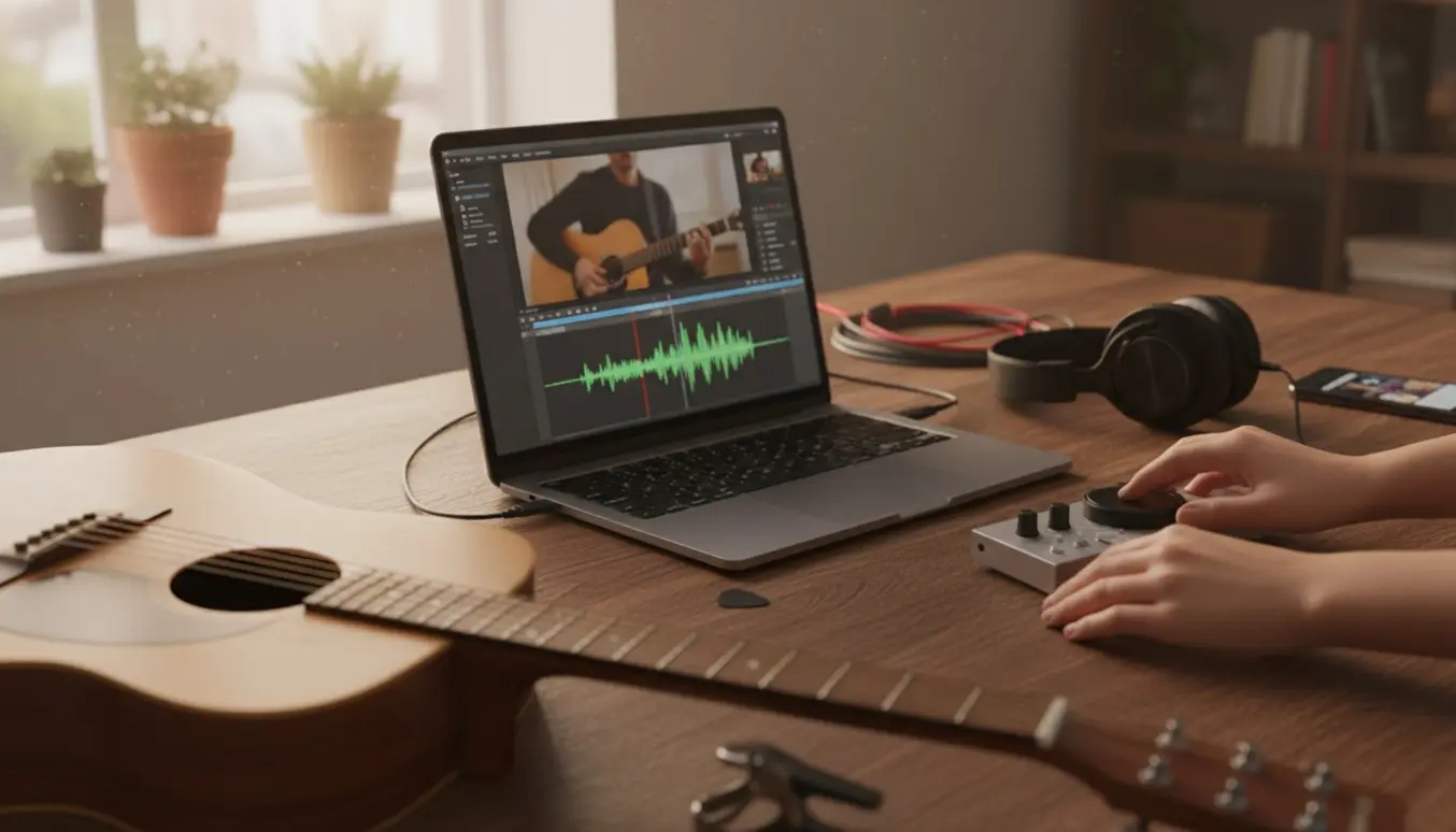 Nærbillede af et redigeringsbord med bærbar, udstrakt lydform på skærmen, guitar og hovedtelefoner.