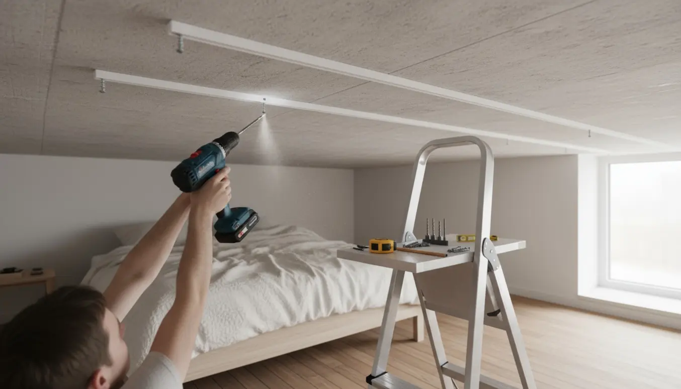 Montering af to hvide loftgardinskinner i et soveværelse med stige og bore-/skruemaskine.