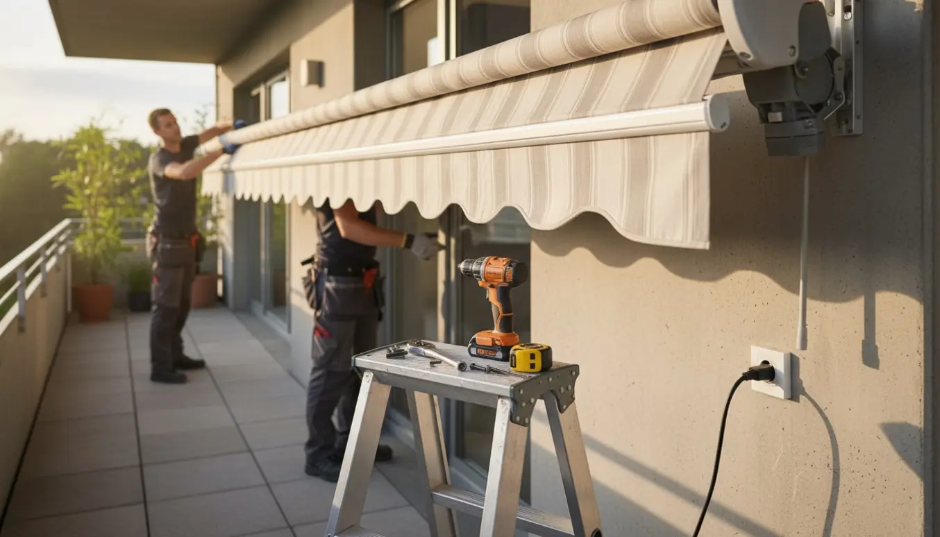 Teknikere afmonterer og genmonterer en motoriseret markise på en altan med værktøj og stikkontakt synlig.