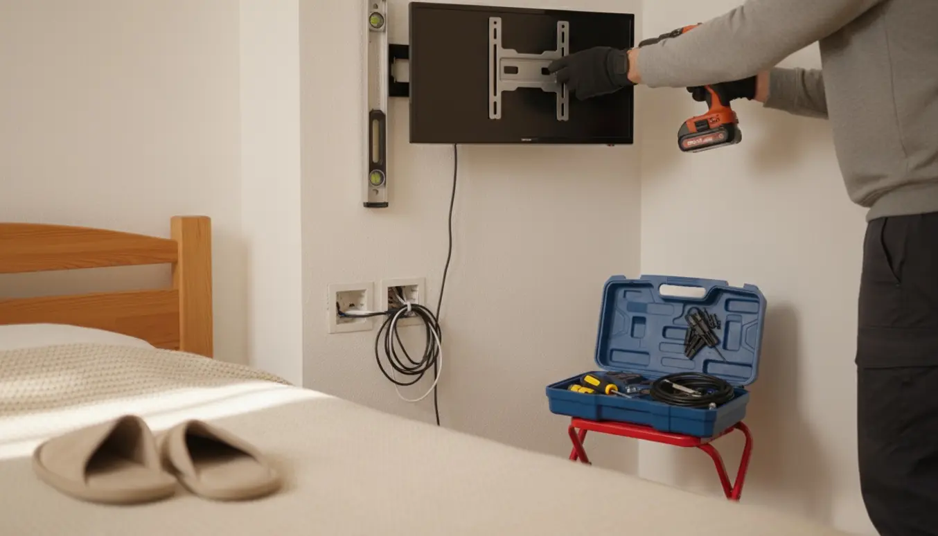 En tekniker monterer et lille fjernsyn på væggen i en smal alkove ved siden af en seng.