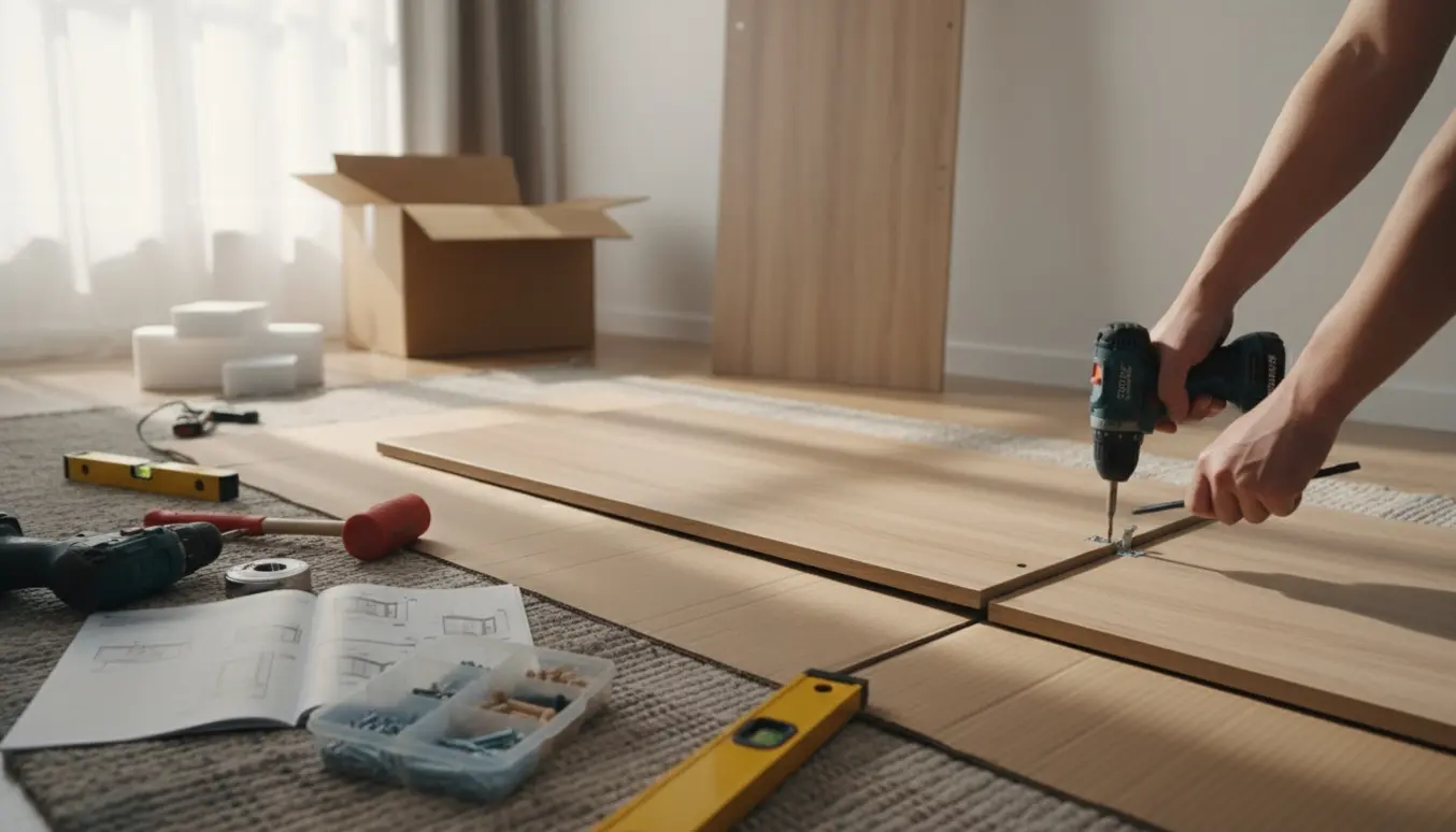 To flade klædeskabspaneler og værktøj på beskyttet gulv, hvor hænder samler et skab i en lys stue.