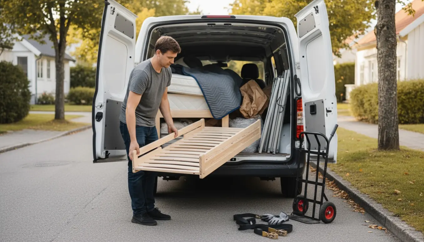 En adskilt juniorseng læsses ind i en varevogn på en rolig villavej.