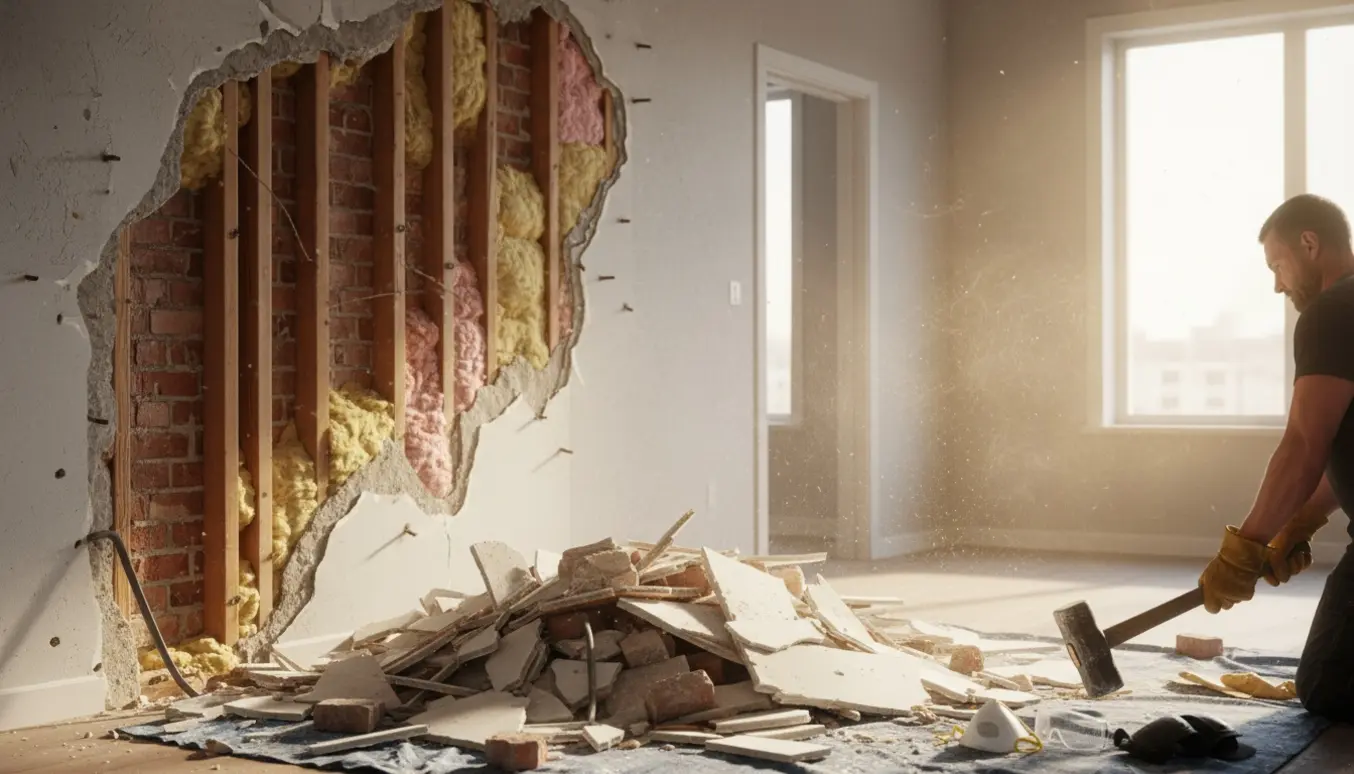 Partielt nedrevet væg i et rum med værktøj og murbrokker i sollys.