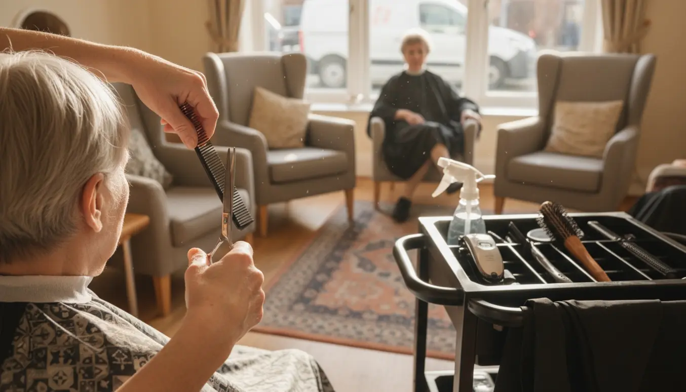 Mobil frisør klipper en beboer i en hyggelig dagligstue med frisørvogn i baggrunden.