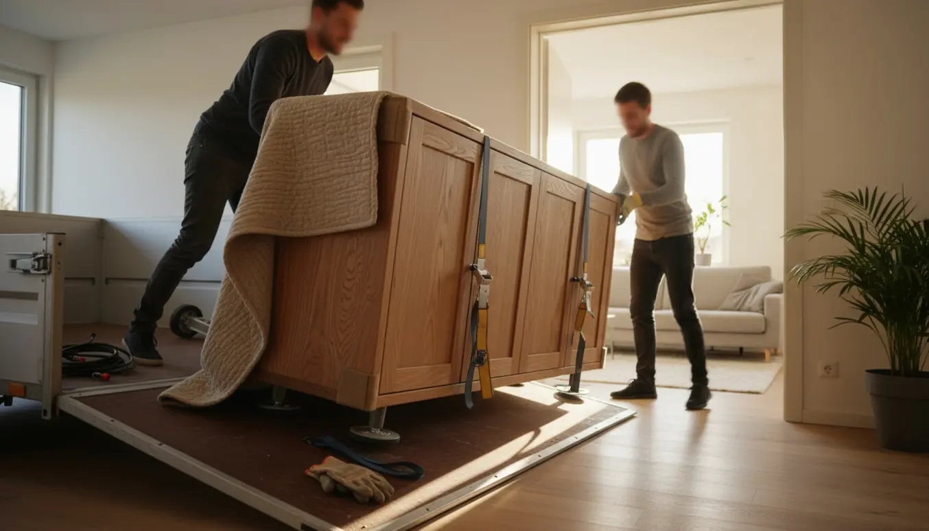 To personer flytter en massiv egetræs-skænk gennem en enkelt døråbning fra trailer ind i en lys stue.