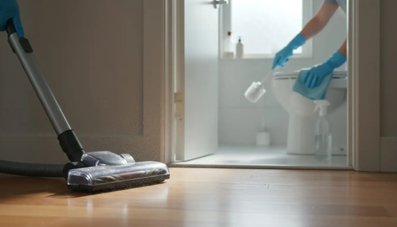 Støvsuger på trægulv og handskeholdt toiletbørste i et lyst, rent badeværelse.