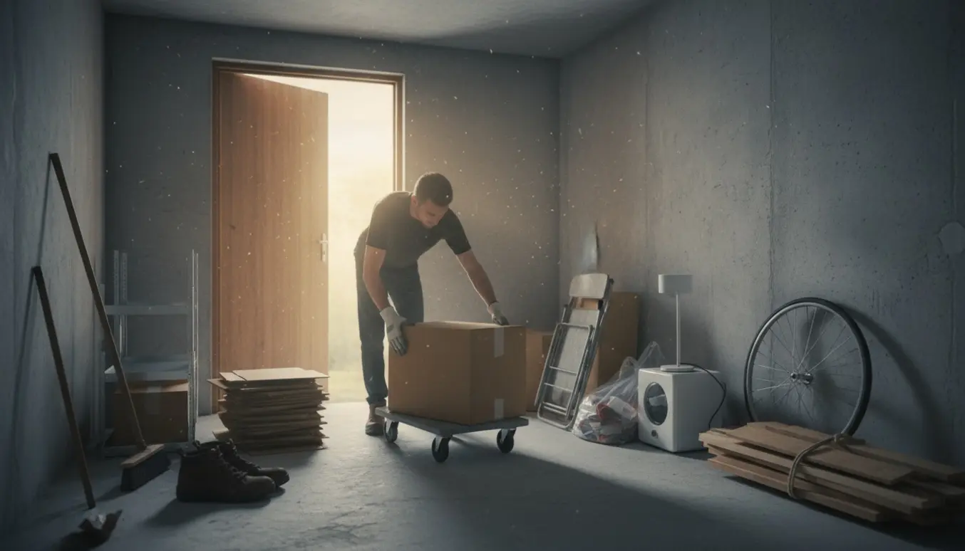 Et lille kælderrum under oprydning med arbejdshandsker, kasser og en handtruck i dagslys.