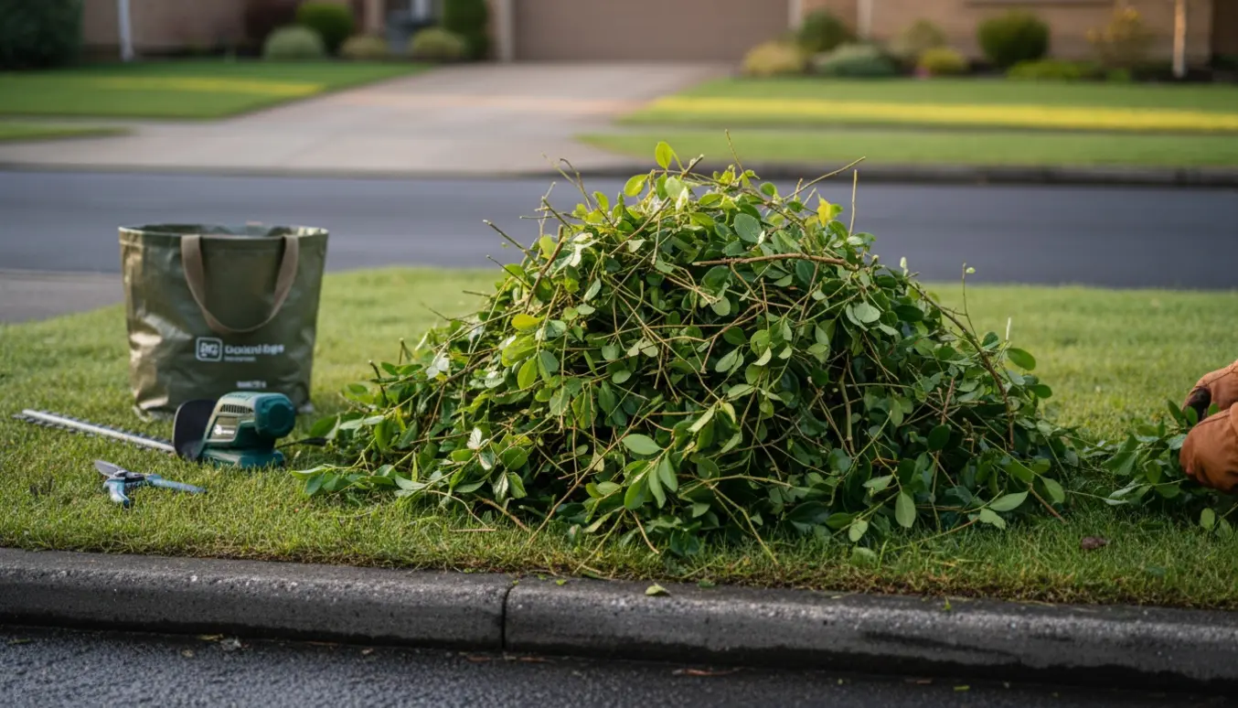 Bunke af nyslået hæk- og buskafklip lagt ved vejens kant til afhentning.