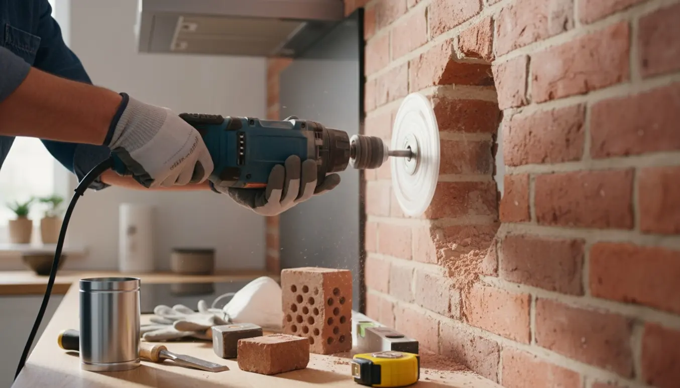 Nærbillede af udskæring til 150 mm ventilationshul i murstensvæg til emhætte med værktøj og murstøv.
