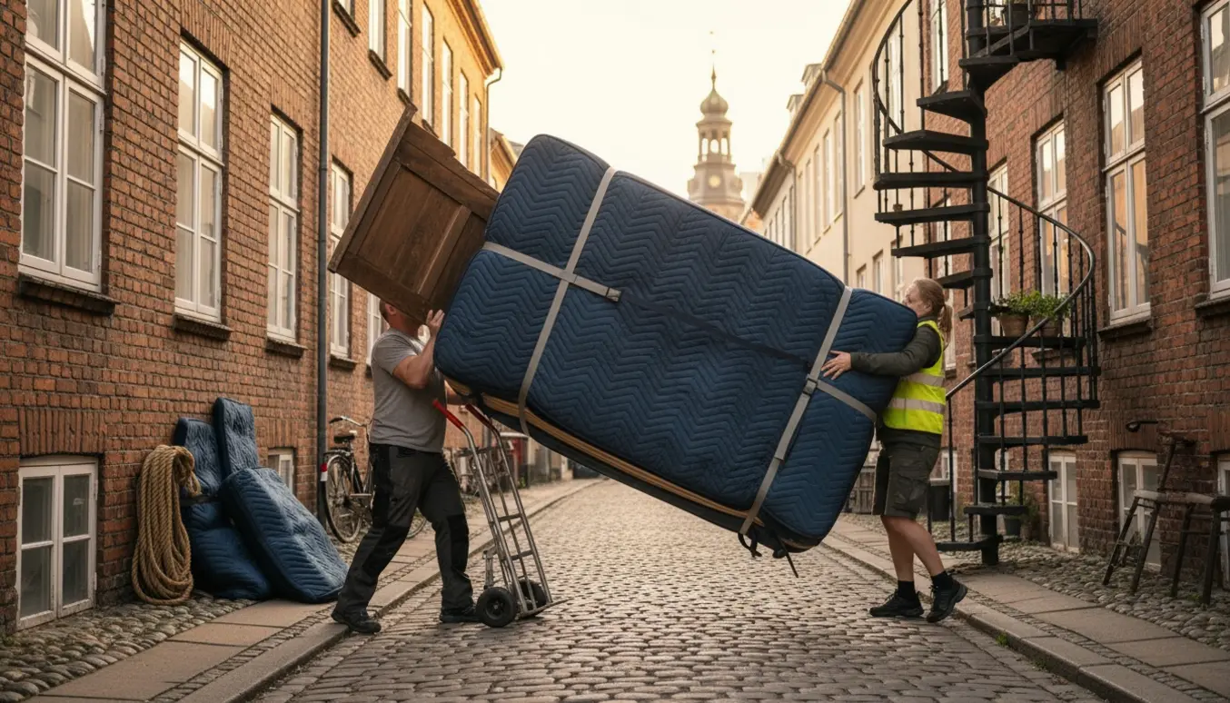 To flyttemænd bærer en stor seng fra en smal, brostensbelagt københavnsk gade op til anden sal, pakket i flyttetæpper.