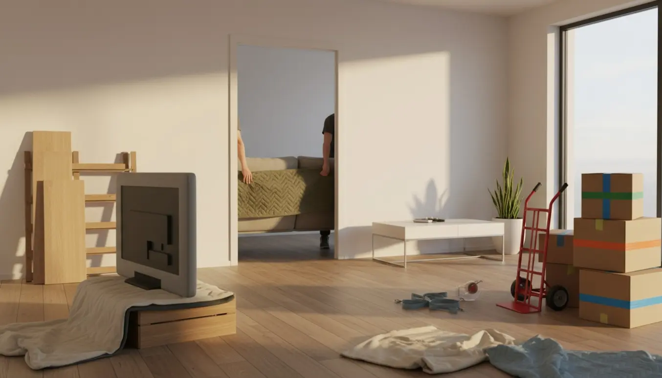 Stue under flytning med indpakket sofa, en stak flyttekasser, løse reolplader og et beskyttet TV.