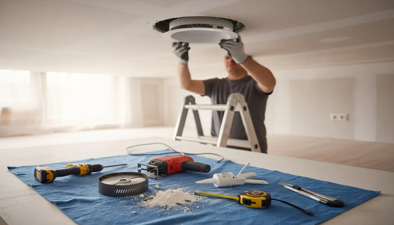 Nærbillede af montering af ny ventil i et gipsloft med værktøj på en stige.