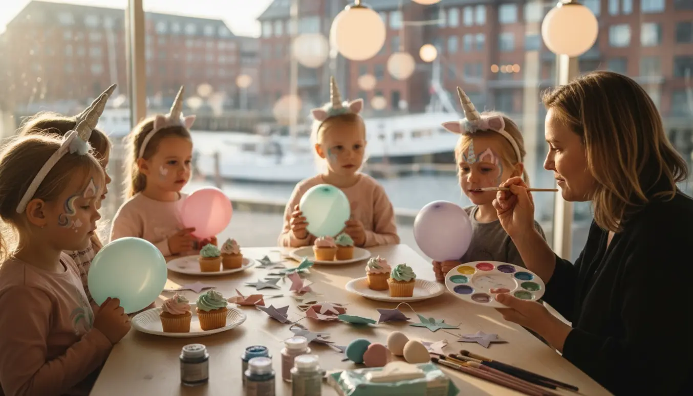 Børn får enhjørning-ansigtsmaling ved en fødselsdagsfest på Amager med pensler, glimmer og pastelfarver.