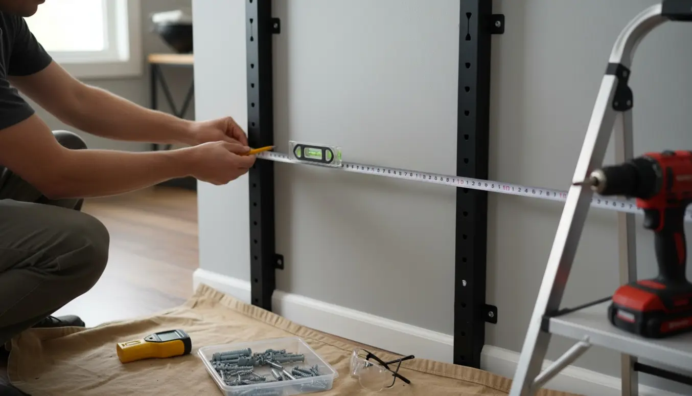 Hænder måler og afmærker fire lodrette metalskinner på en væg med værktøj spredt ved siden af.