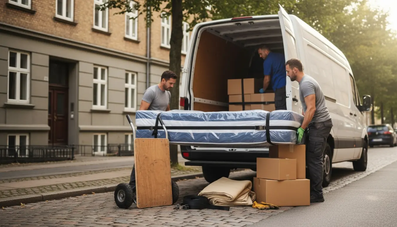 Flyttemænd læsser en pakket boxmadras ind i en hvid flyttevogn på en rolig københavnsk gade.