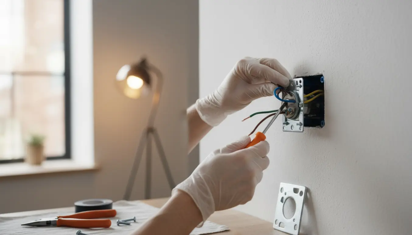 Nærbillede af hænder med handsker, der tilslutter en drejelysdæmper i en væg med værktøj omkring.