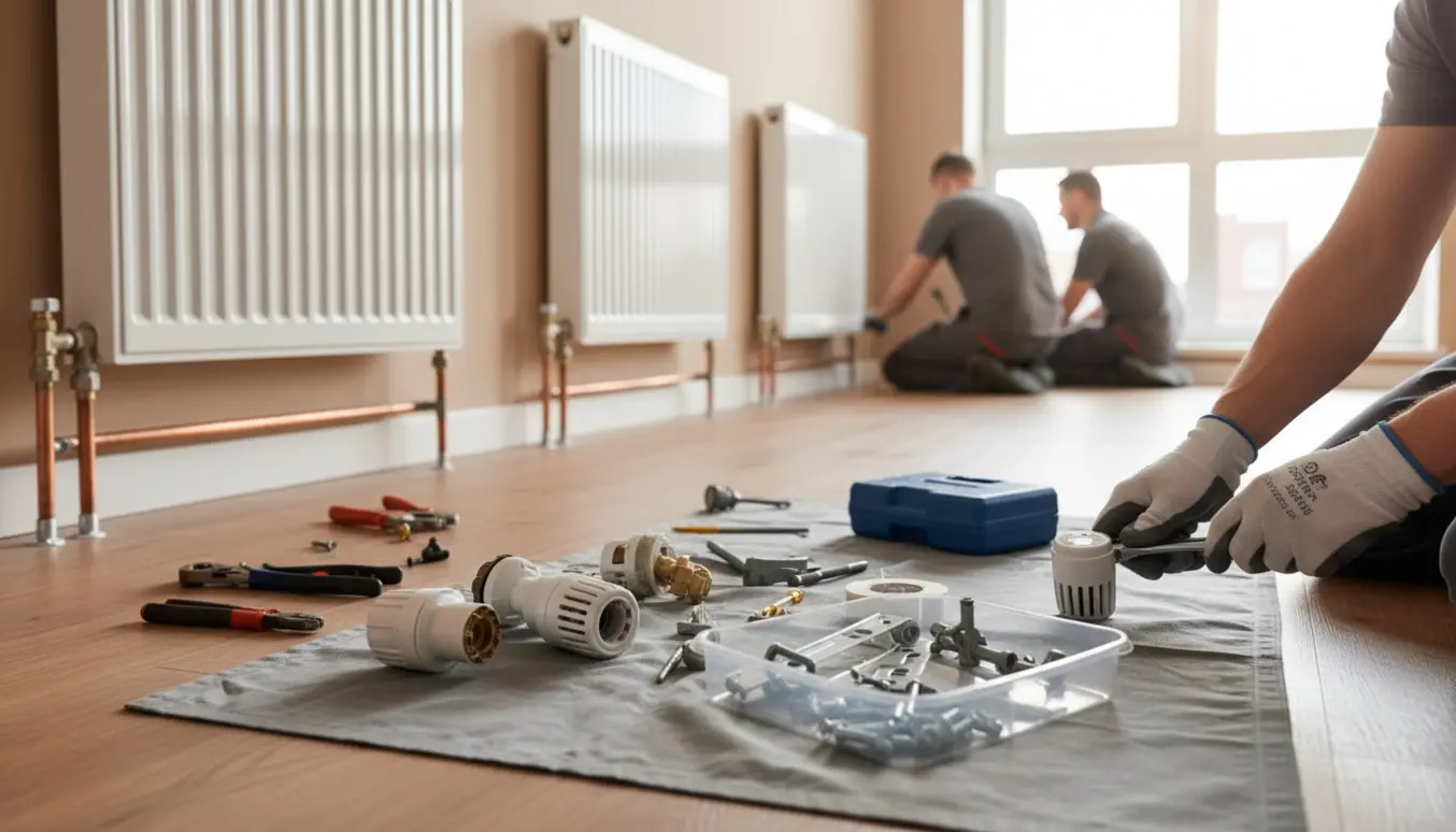 Tekniker monterer nye automatiske termostater og udskifter gamle radiatorer med slanke modeller i et lyst rum.
