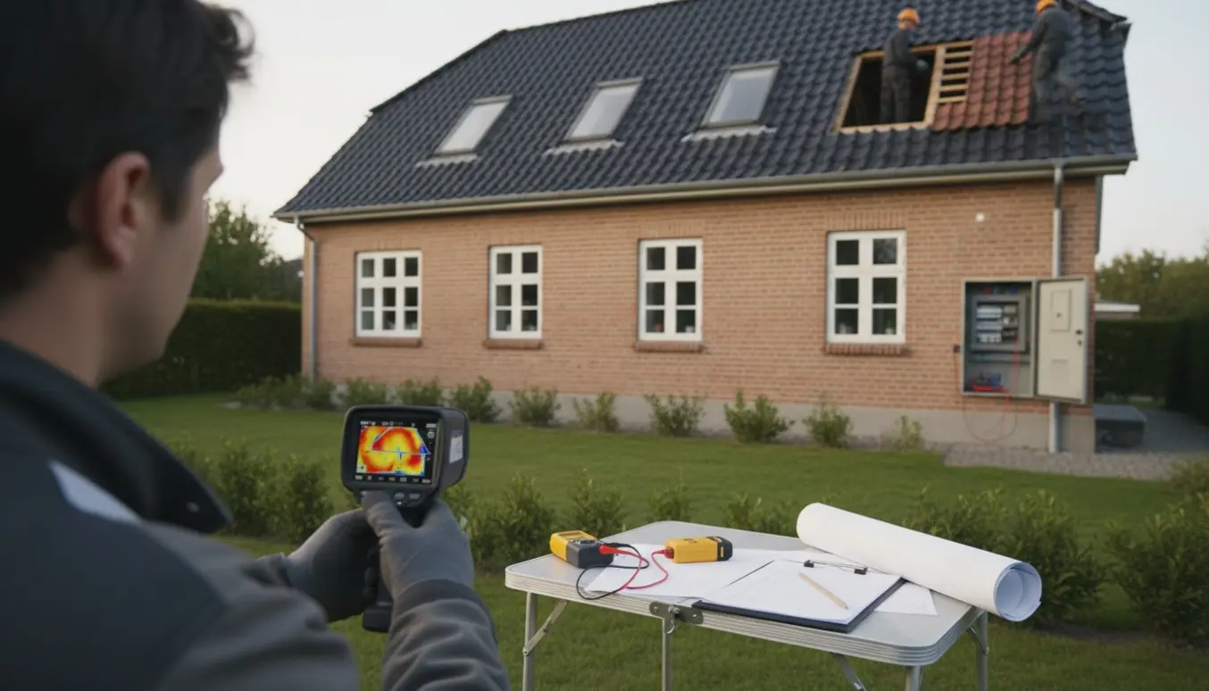 Inspektør bruger termisk kamera og måleværktøj foran et 1½-plans hus under tilstands-, energi- og el-rapport.