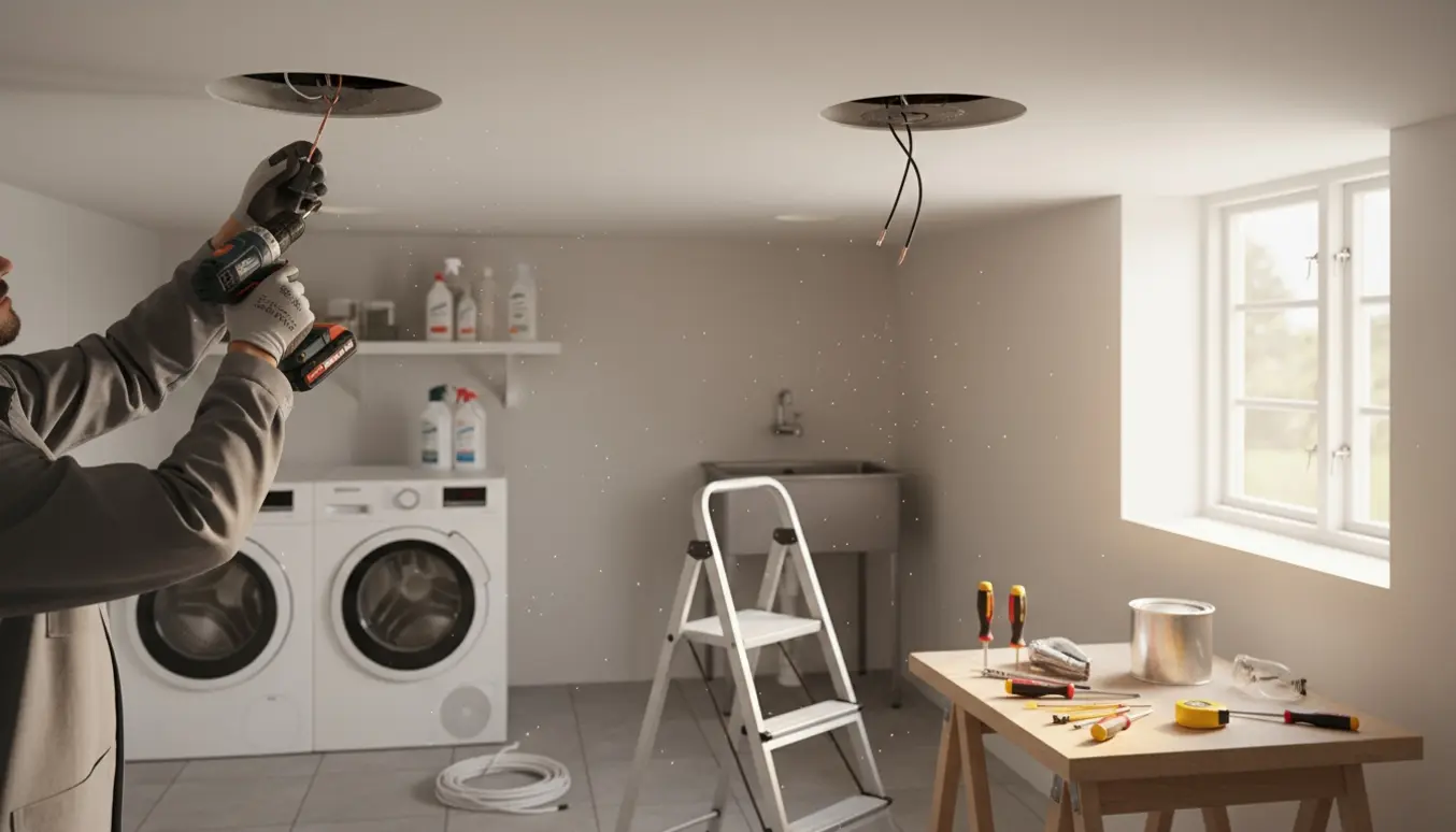 Installering af to indbyggede spots i et bryggers med værktøj og vaskemaskine i baggrunden.