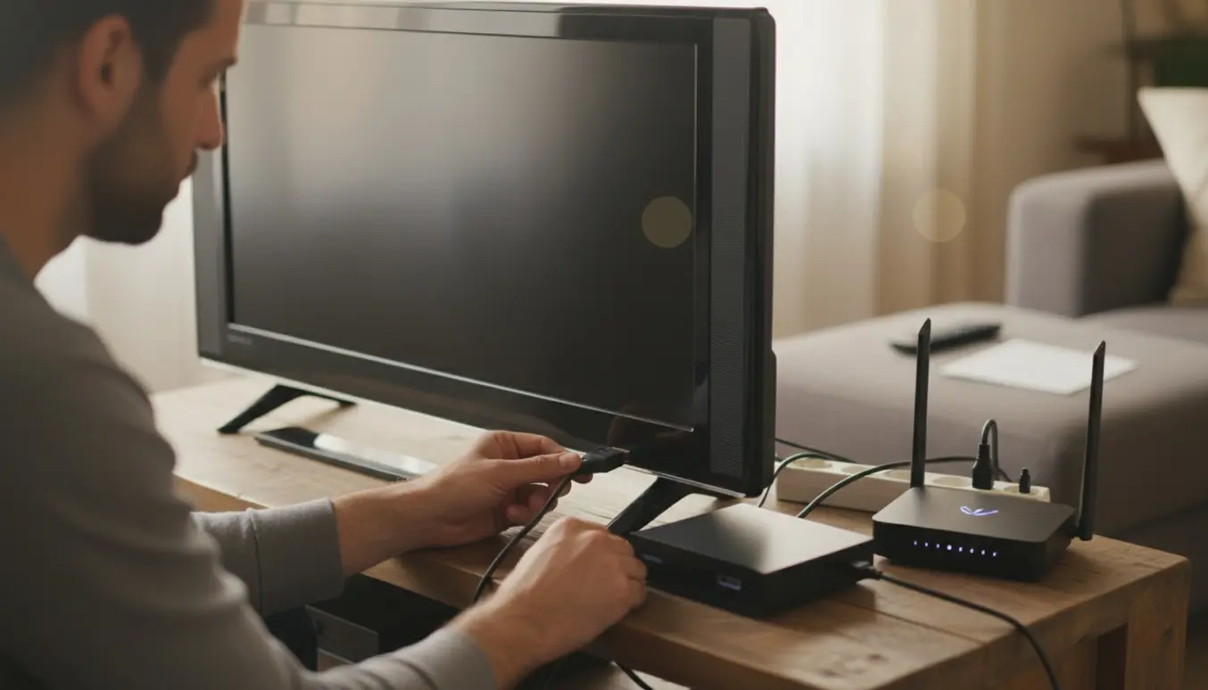 En person tilslutter HDMI- og strømstik mellem en ældre fladskærm, en ny set-top-boks og en trådløs router på et TV-møbel.