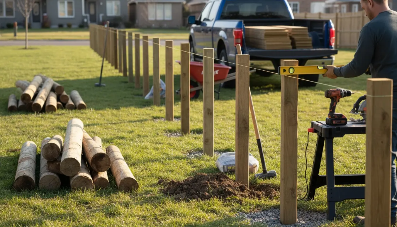 Nyt træhegn under opsætning i en have med værktøj og materialer, arbejderen set bagfra uden synligt ansigt.