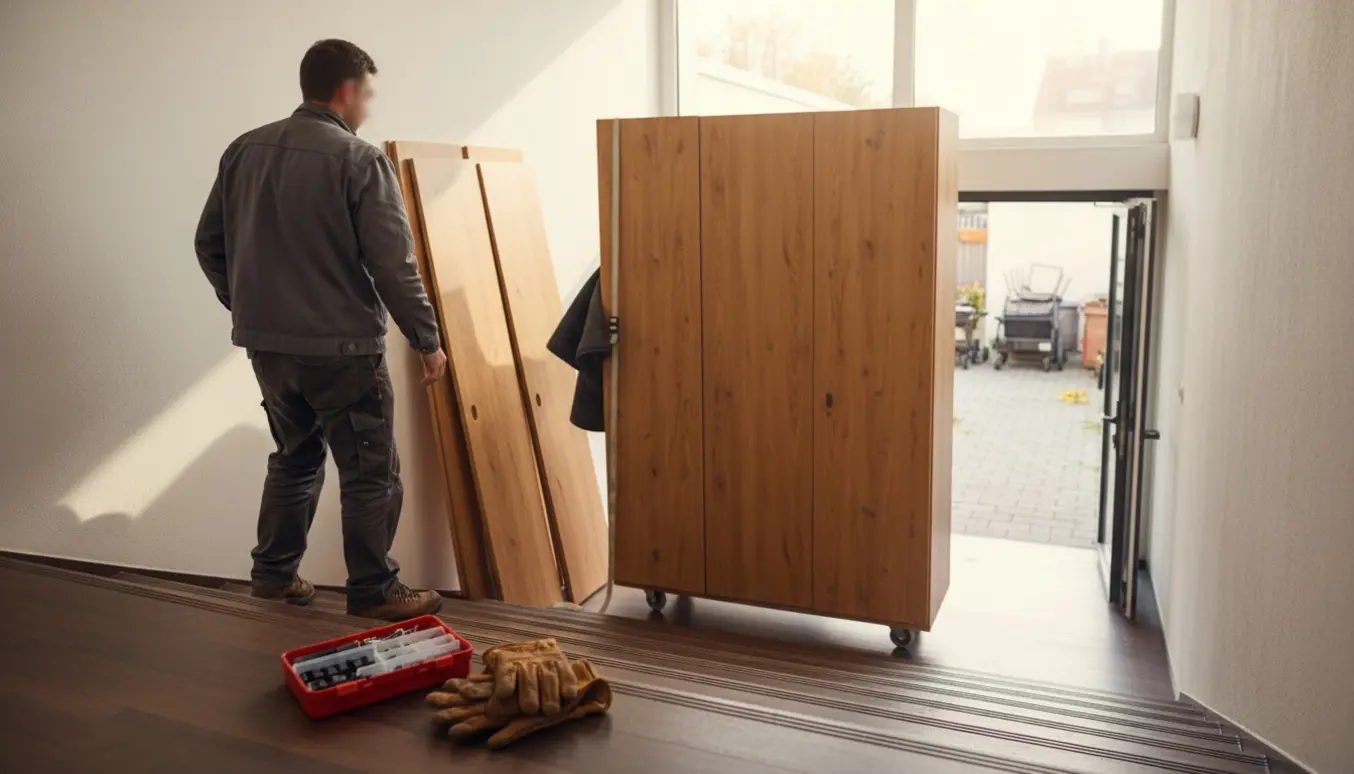 En håndværker bærer et modulært skab på en tralle ned ad opgangens trin mod gårdens storskraldsrum.