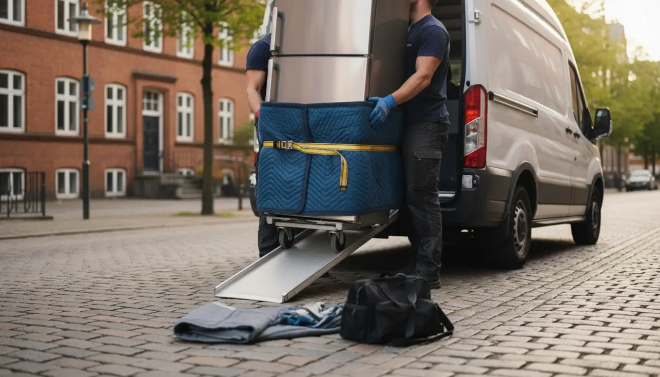Et køleskab pakket i flyttefilt på trillebår læsses op i en varevogn på en rolig, brostensbelagt gade.