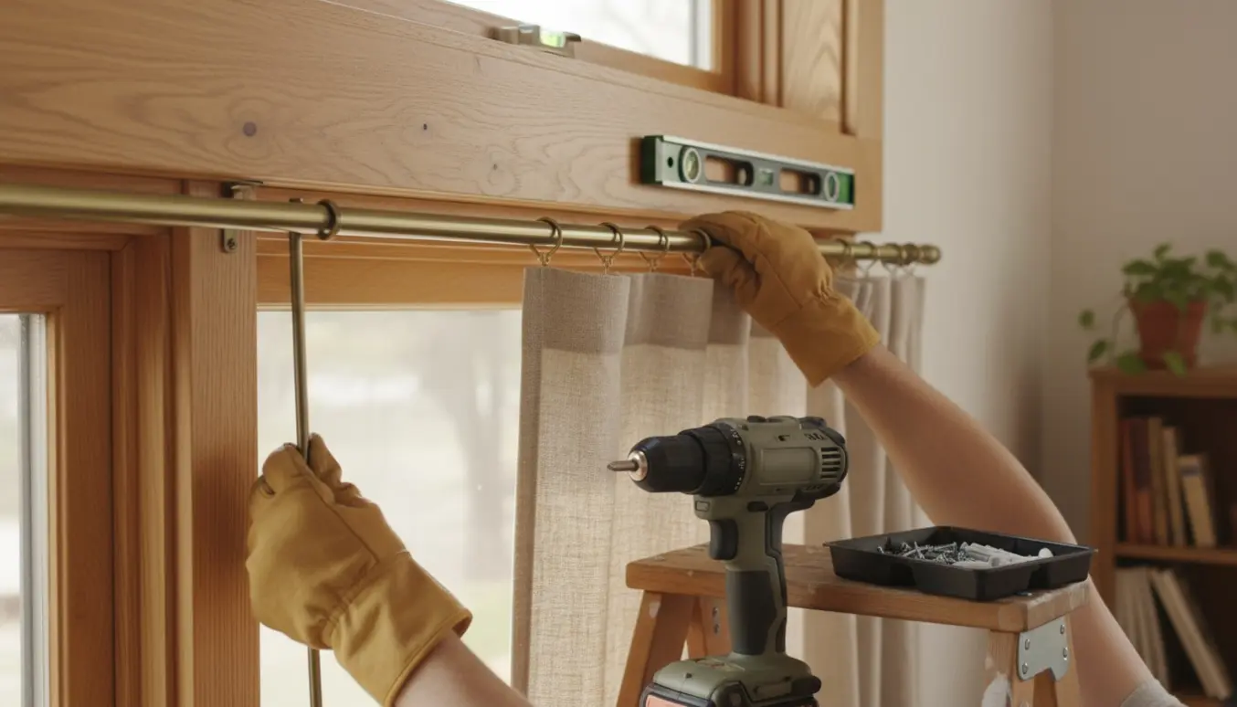 Hænder monterer en gardinstang på en træramme med boremaskine, vaterpas og neutral hørgardin i dagslys.