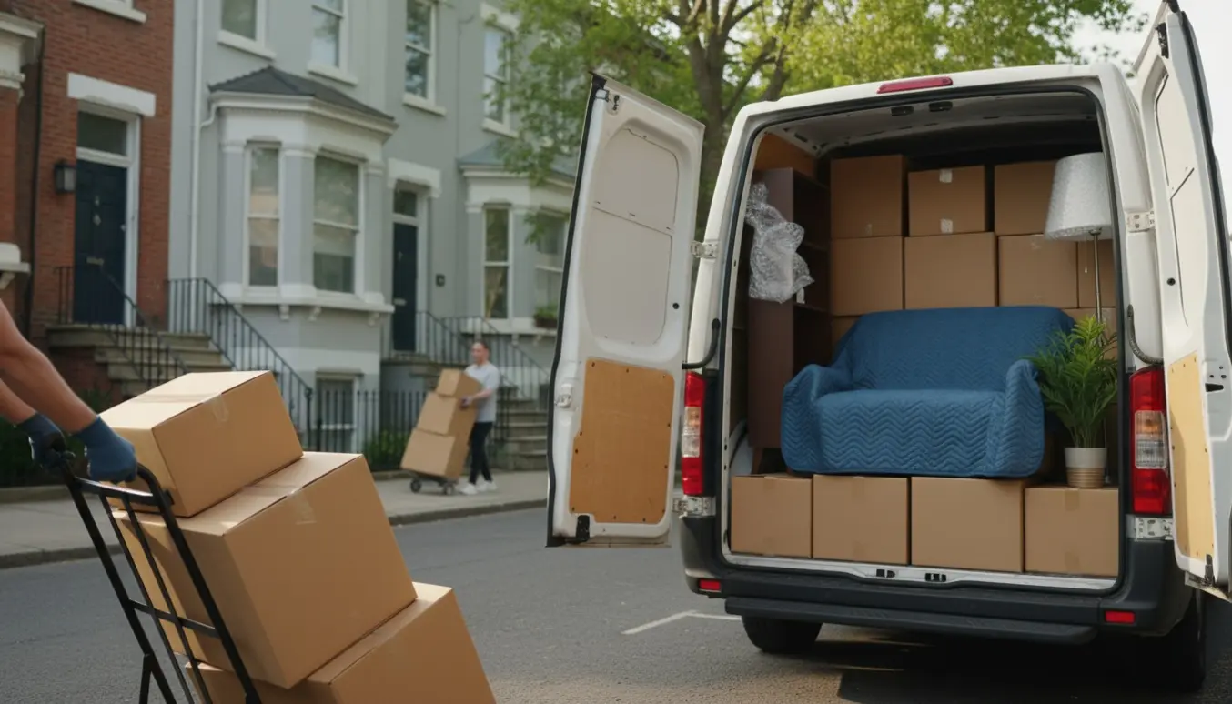 Flyttescene på en byvej med flyttekasser, en flyttevogn og møbler pakket ind i tæpper.